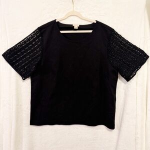 J Crew Blouse Top Womens Large Black Eyelet Short Sleeves Office Work Minimalist